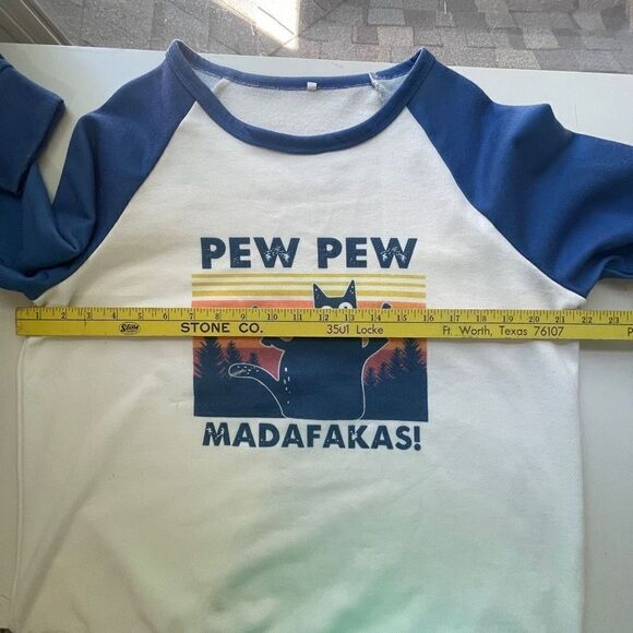 Black Cat Graphic Pew Pew Madafakas! Raglan Sweatshirt Blue & White XXL - Picture 6 of 8